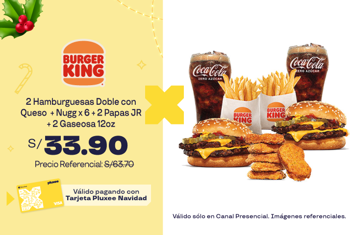 2 HAMBURGUESA DOBLE CON QUESO + NUGG X 6 + 2 PAPAS JR + 2 GASEOSA 12OZ A S/.33.90. PRECIO REFERENCIAL:S/.63.70. VÁLIDO  SÓLO EN CANAL PRESENCIAL.